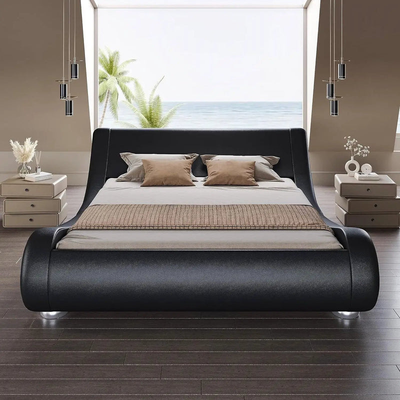Queen Modern Black Upholstered Platform Bed Frame with Sleigh Curved Headboard by HomePacific