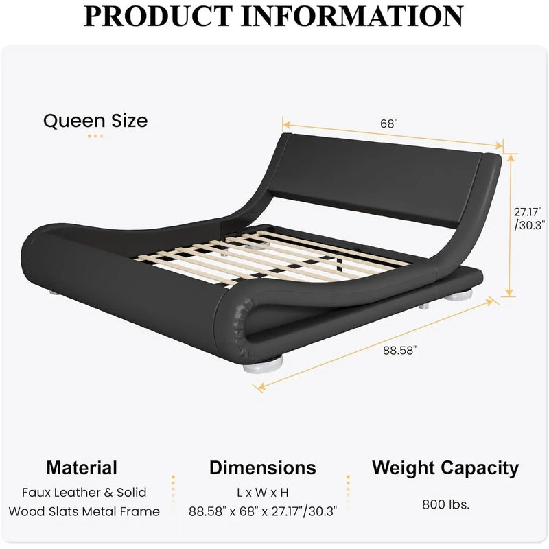Queen Modern Black Upholstered Platform Bed Frame with Sleigh Curved Headboard by HomePacific