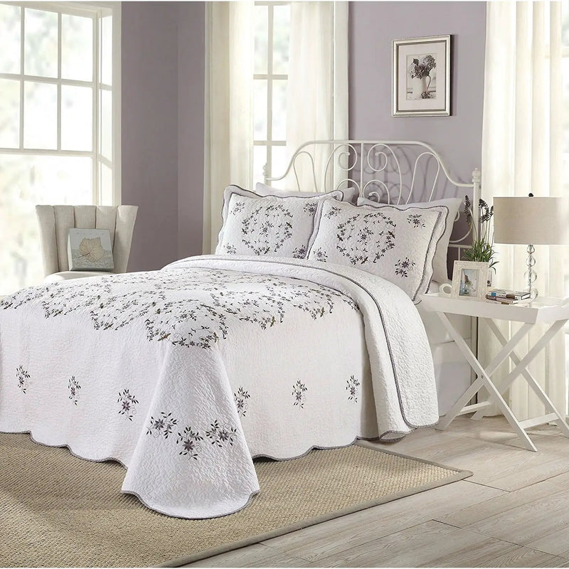 Queen size Cotton Bedspread with Scalloped Edges and Floral Print Embroidery in White by HomePacific
