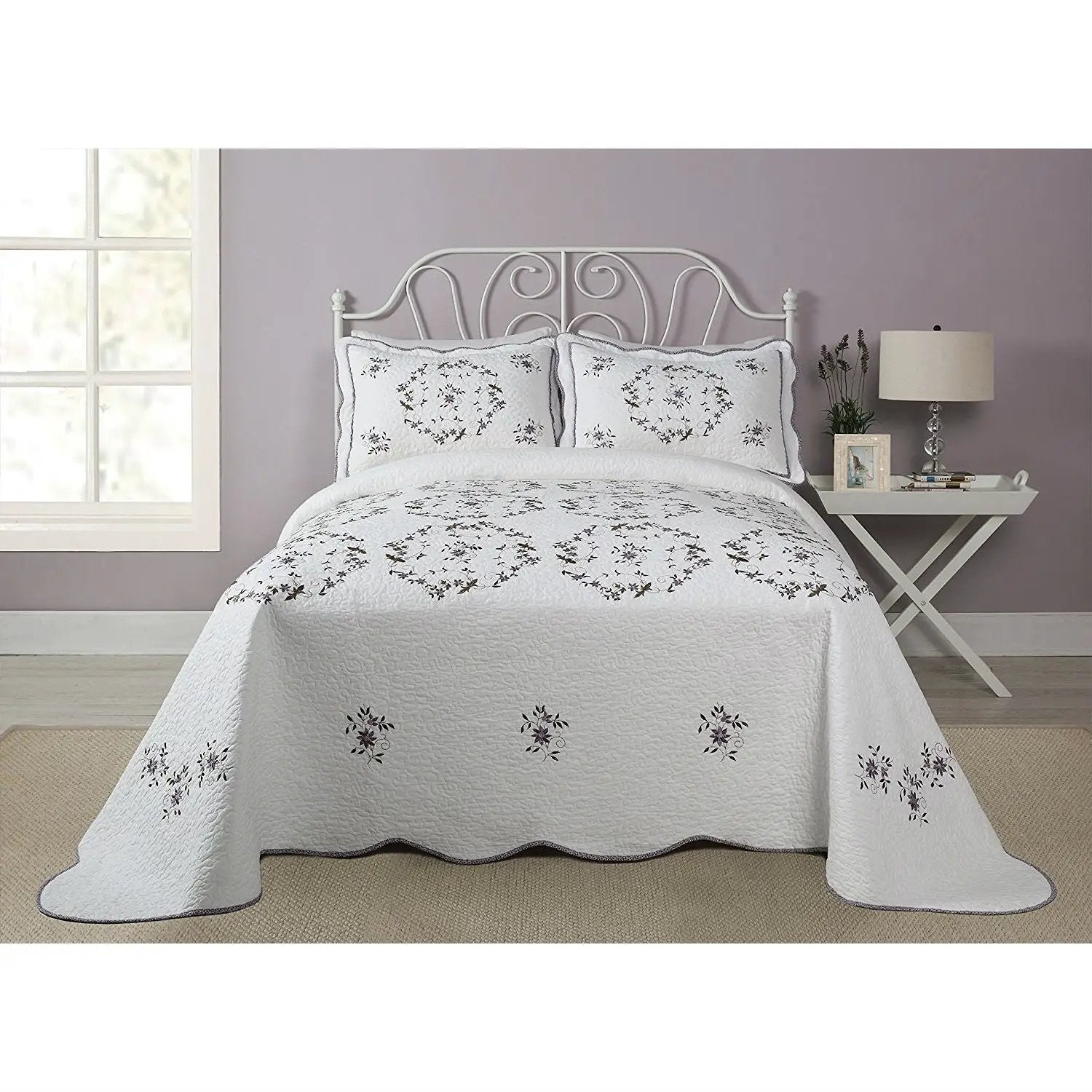 Queen size Cotton Bedspread with Scalloped Edges and Floral Print Embroidery in White by HomePacific