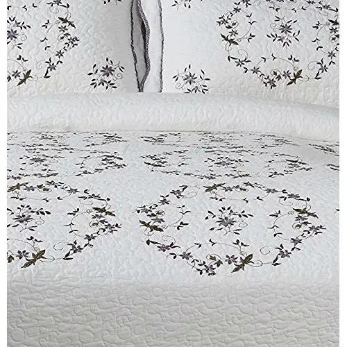Queen size Cotton Bedspread with Scalloped Edges and Floral Print Embroidery in White by HomePacific