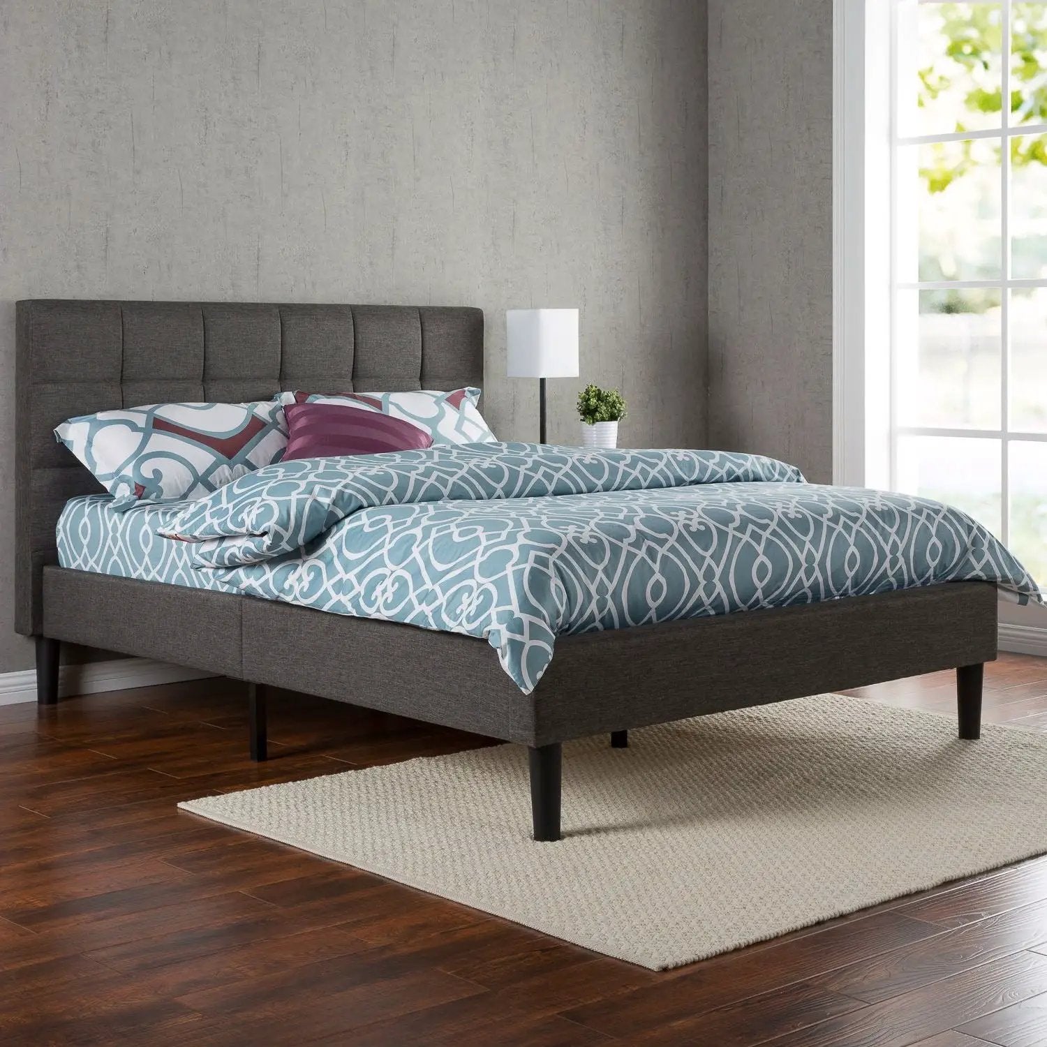 Queen size Modern Classic Dark Grey Upholstered Platform Bed with Headboard by HomePacific