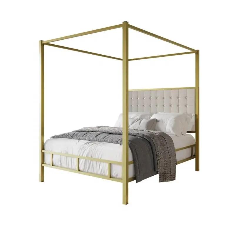 Queen size Gold Metal Canopy Bed with Upholstered Button-Tufted Headboard by HomePacific