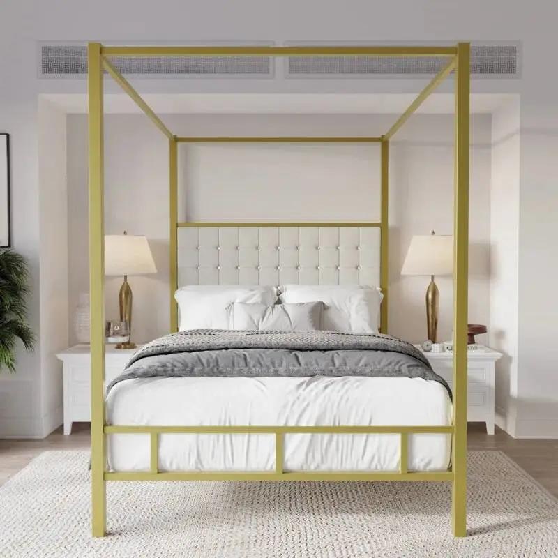 Queen size Gold Metal Canopy Bed with Upholstered Button-Tufted Headboard by HomePacific