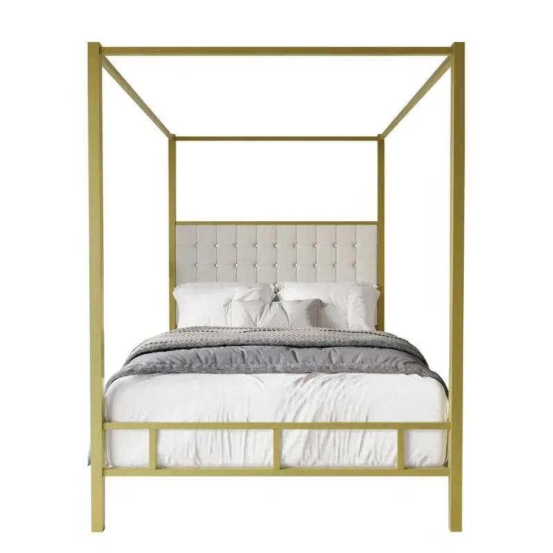 Queen size Gold Metal Canopy Bed with Upholstered Button-Tufted Headboard by HomePacific