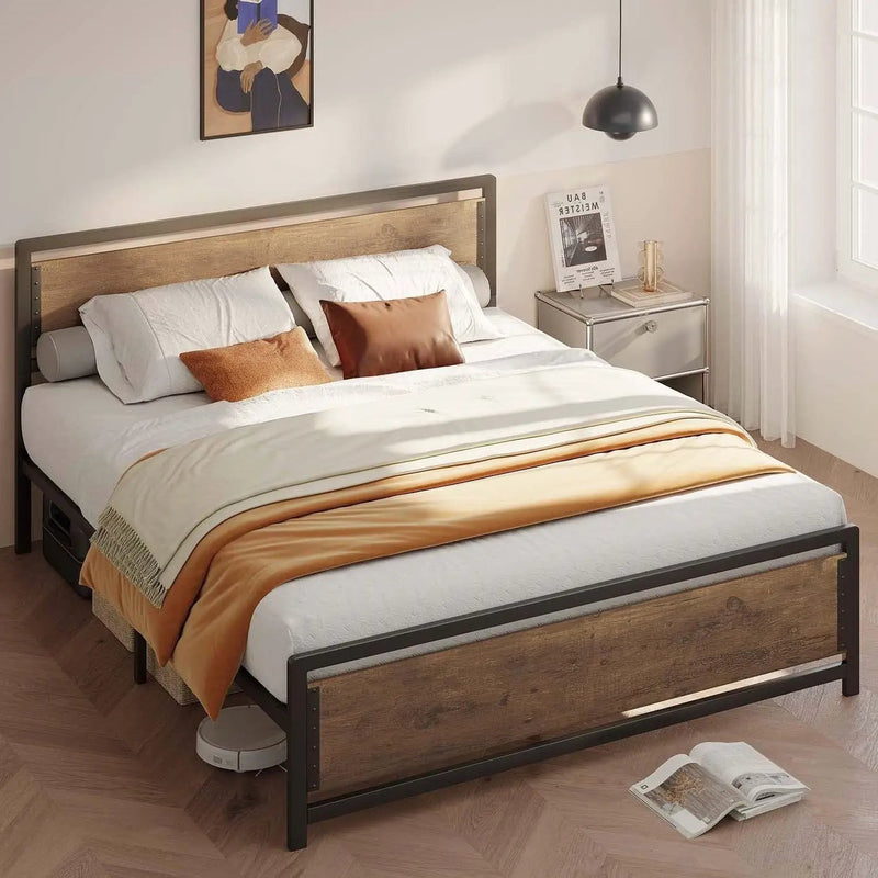 Queen Modern Metal Wood Industrial Platform Bed Frame with Headboard Footboard by HomePacific