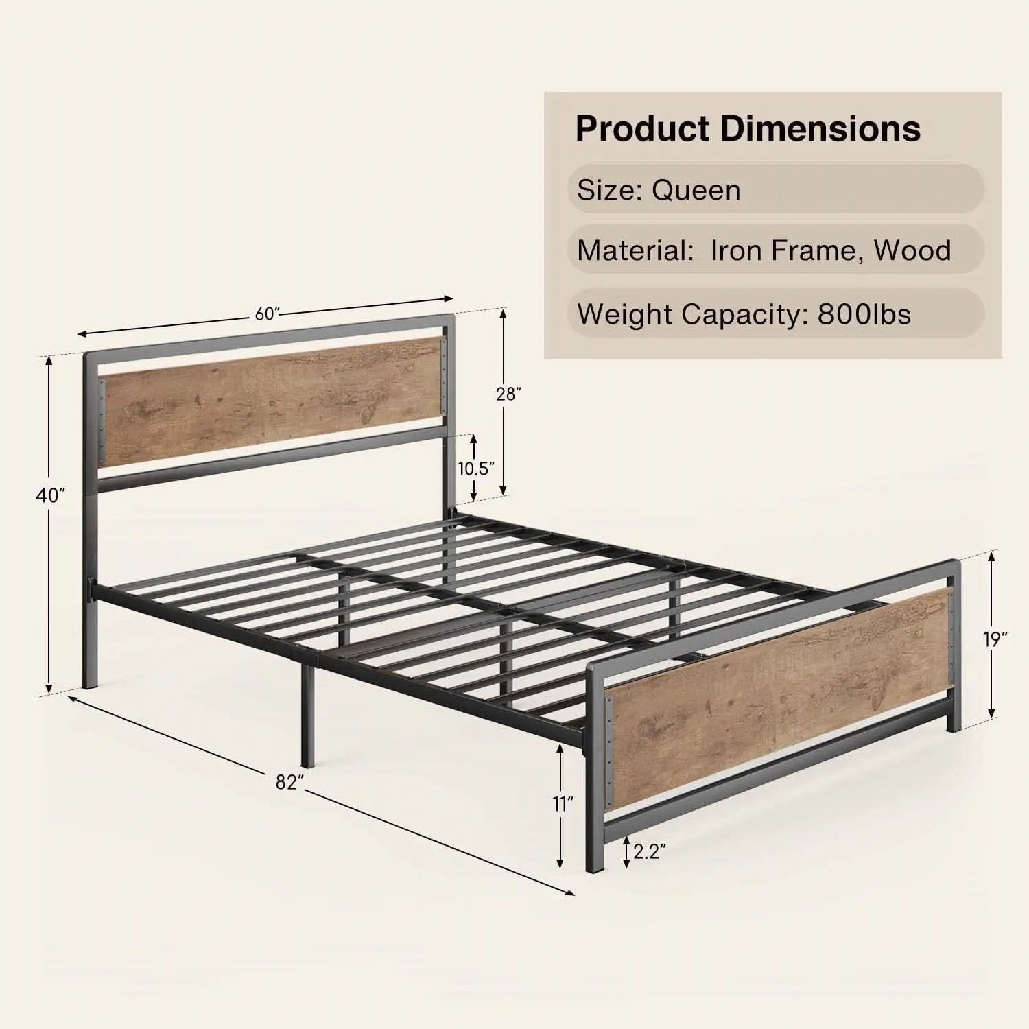 Queen Modern Metal Wood Industrial Platform Bed Frame with Headboard Footboard by HomePacific
