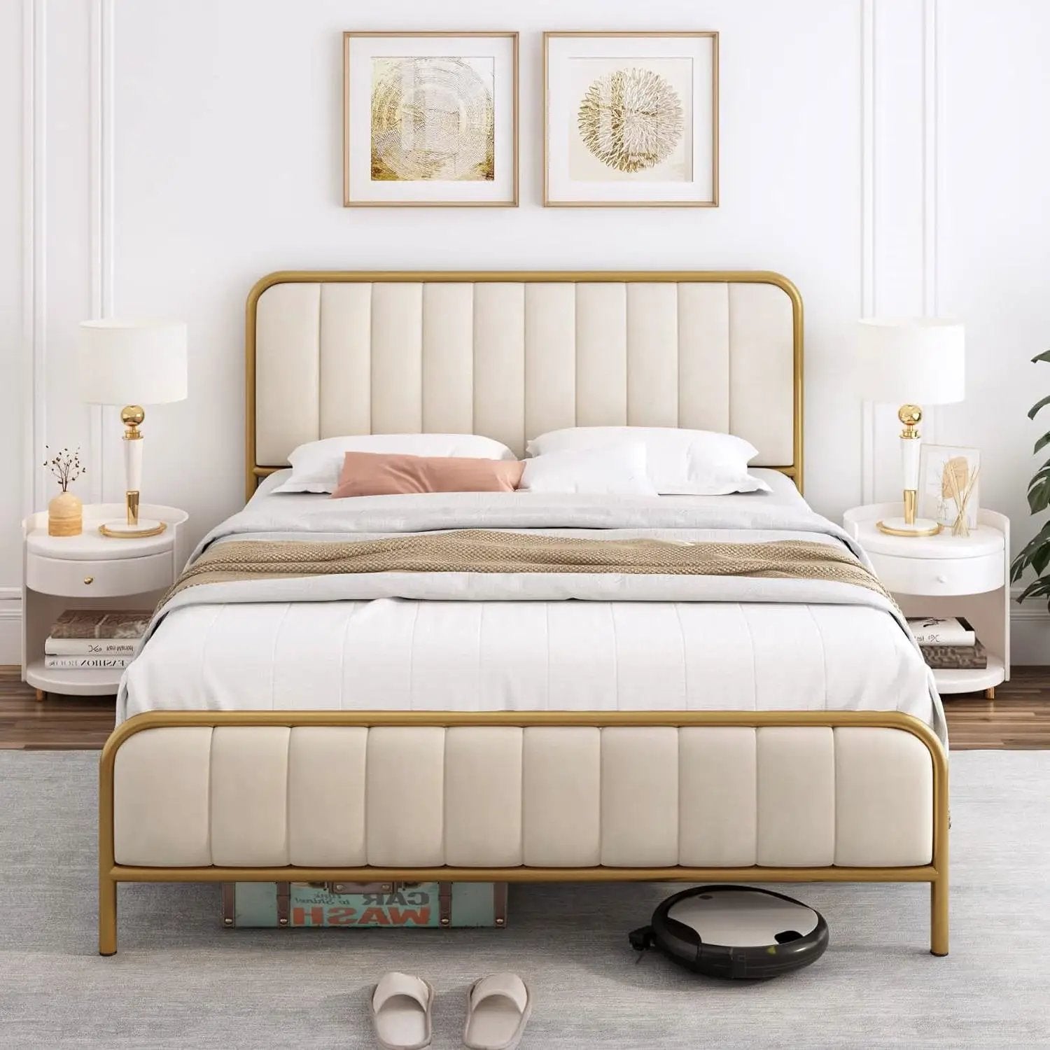 Queen size Gold Metal Platform Bed Frame with Off-White Upholstered Headboard by HomePacific