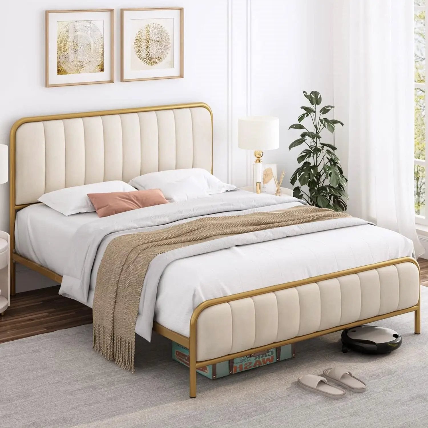 Queen size Gold Metal Platform Bed Frame with Off-White Upholstered Headboard by HomePacific