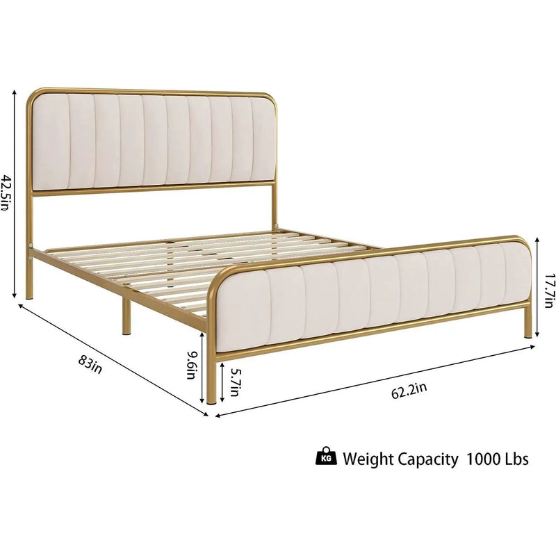 Queen size Gold Metal Platform Bed Frame with Off-White Upholstered Headboard by HomePacific