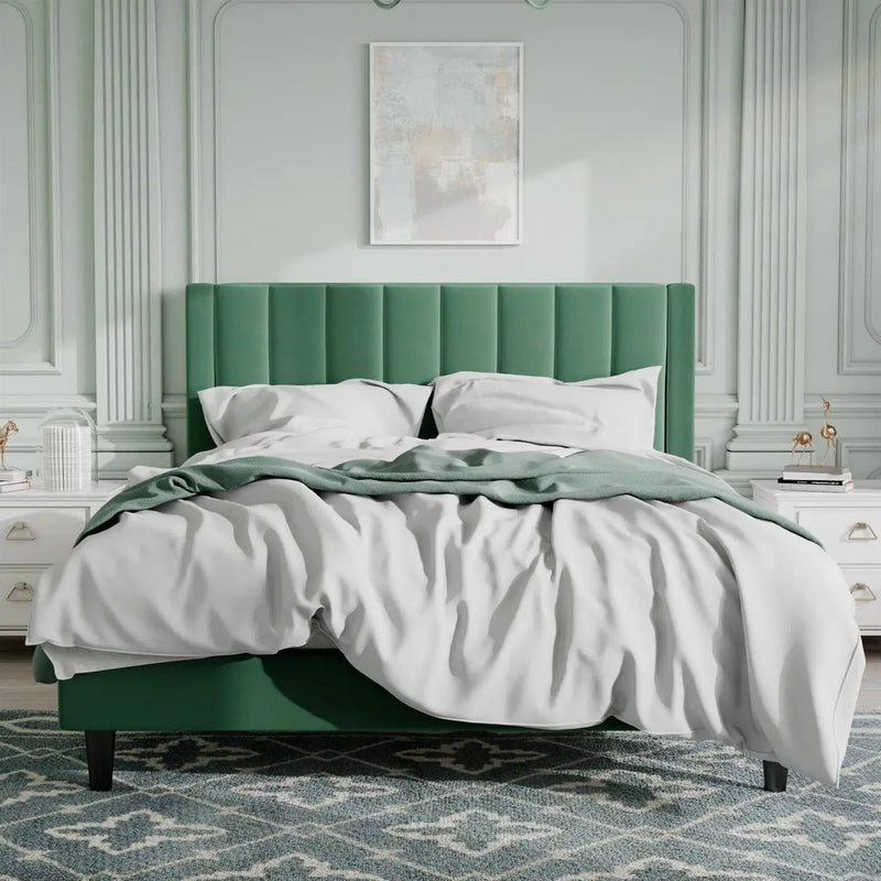Queen size Green Velvet Upholstered Platform Bed Frame with Headboard by HomePacific
