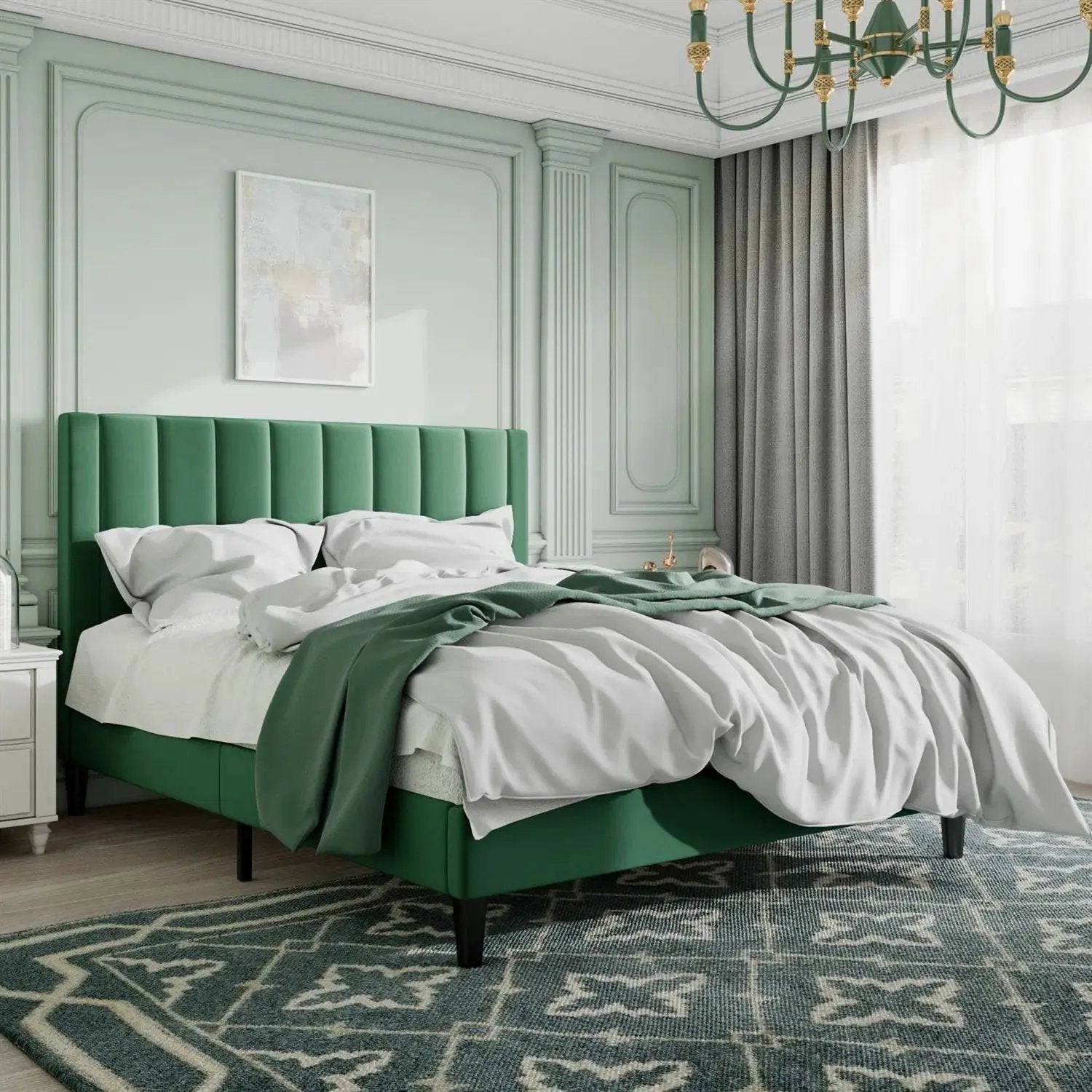Queen size Green Velvet Upholstered Platform Bed Frame with Headboard by HomePacific