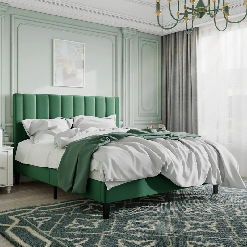 Queen size Green Velvet Upholstered Platform Bed Frame with Headboard by HomePacific