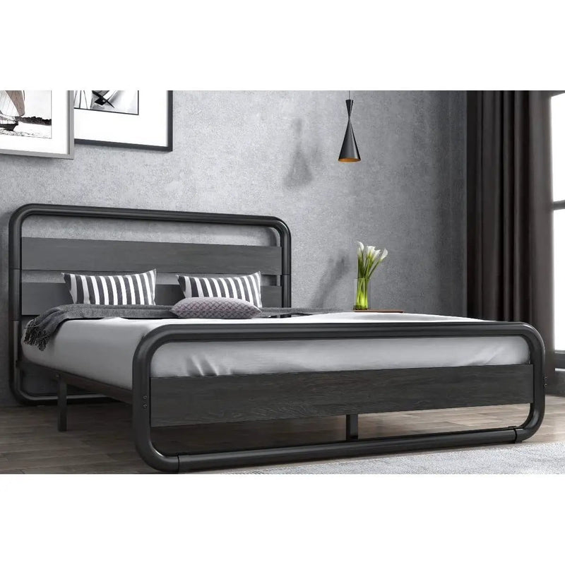 Queen Heavy Duty Round Metal Frame Platform Bed with Black Wood Panel Headboard by HomePacific