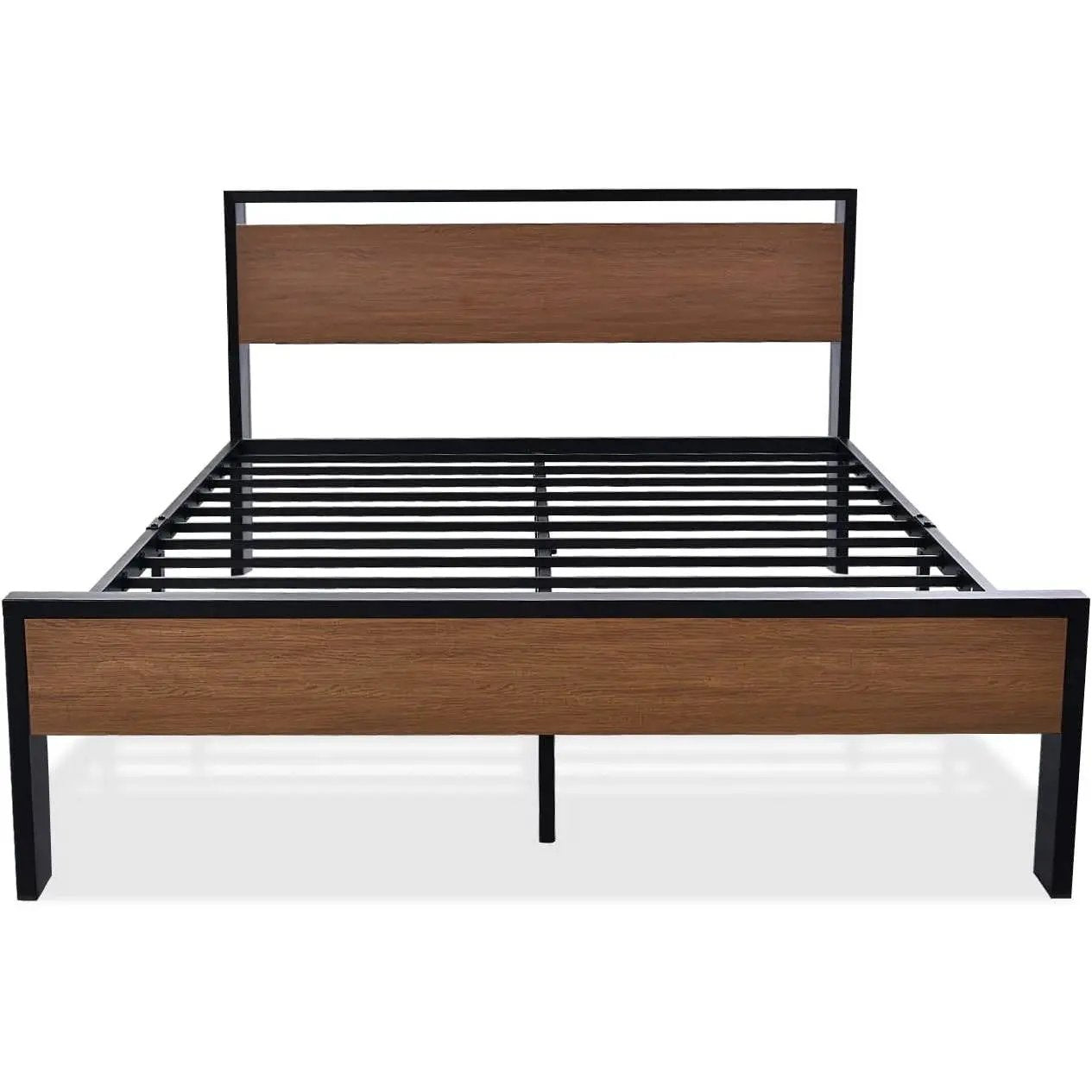 Queen Metal Platform Bed with Walnut Finish Wood Panel Headboard Footboard by HomePacific