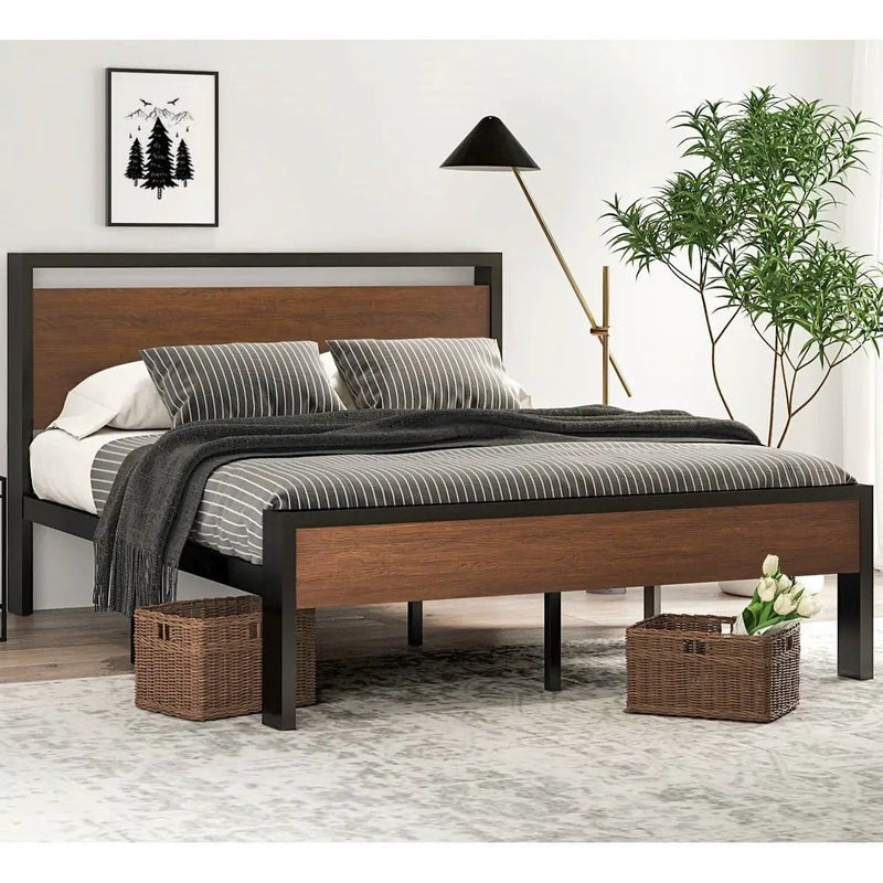 Queen Metal Platform Bed with Walnut Finish Wood Panel Headboard Footboard by HomePacific