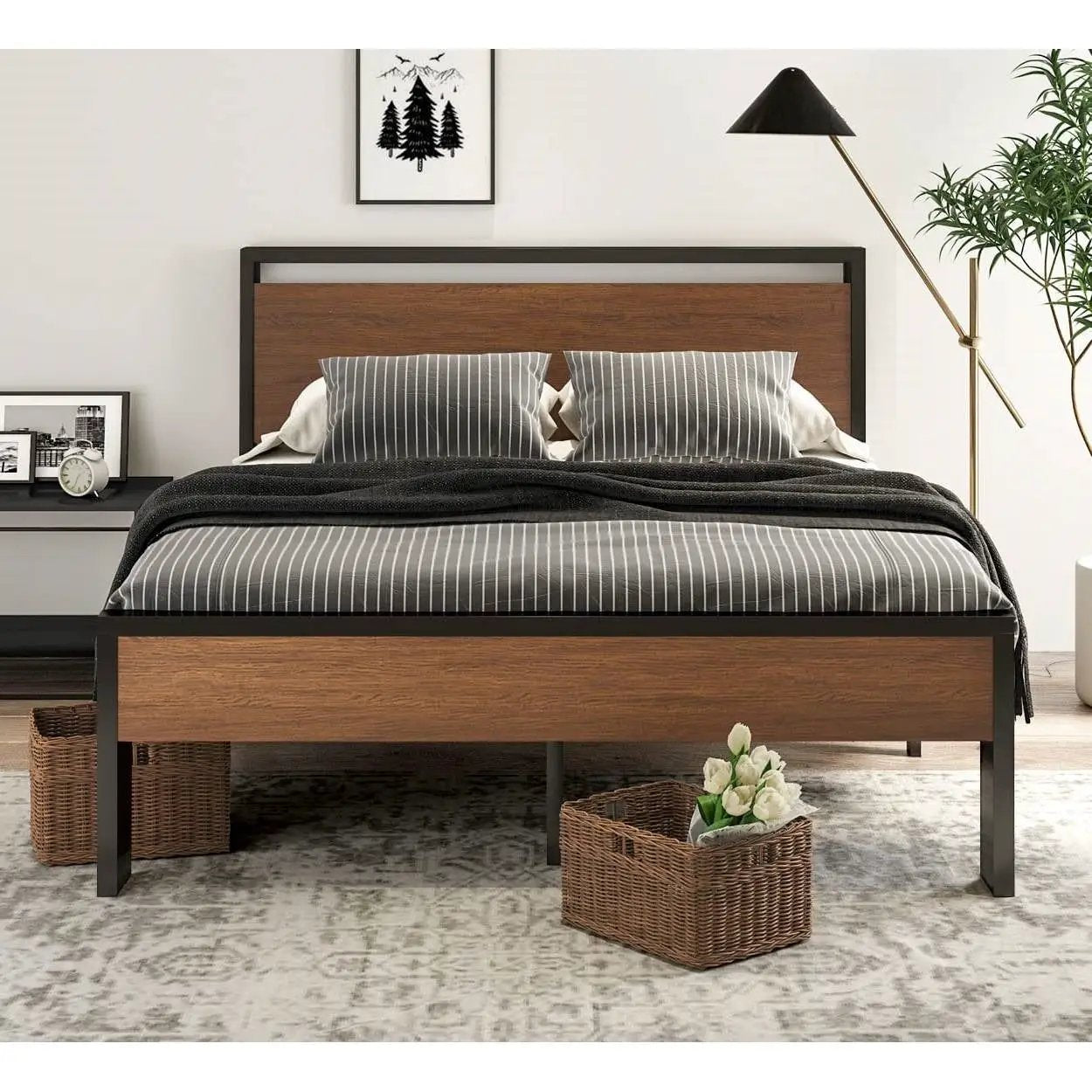Queen Metal Platform Bed with Walnut Finish Wood Panel Headboard Footboard by HomePacific