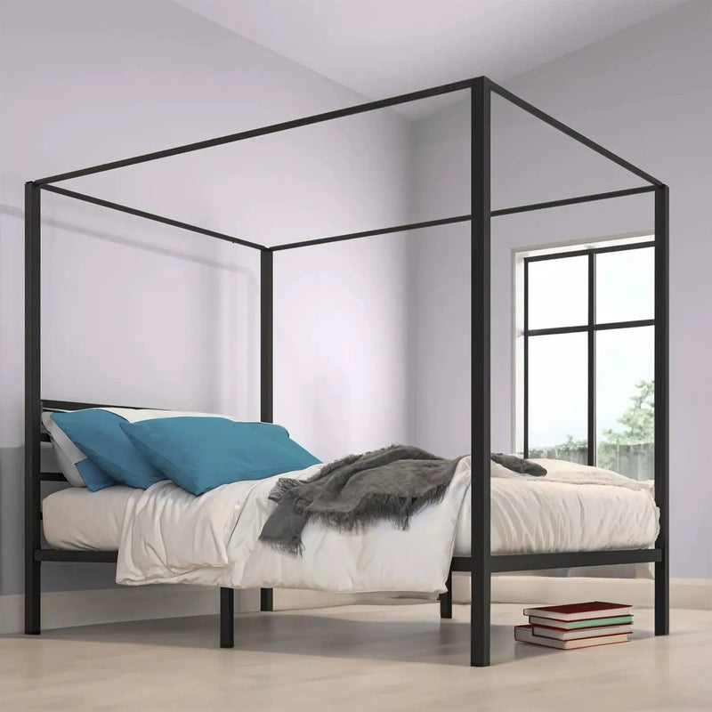 Queen size Modern Four Poster Metal Canopy Bed in Black Finish by HomePacific