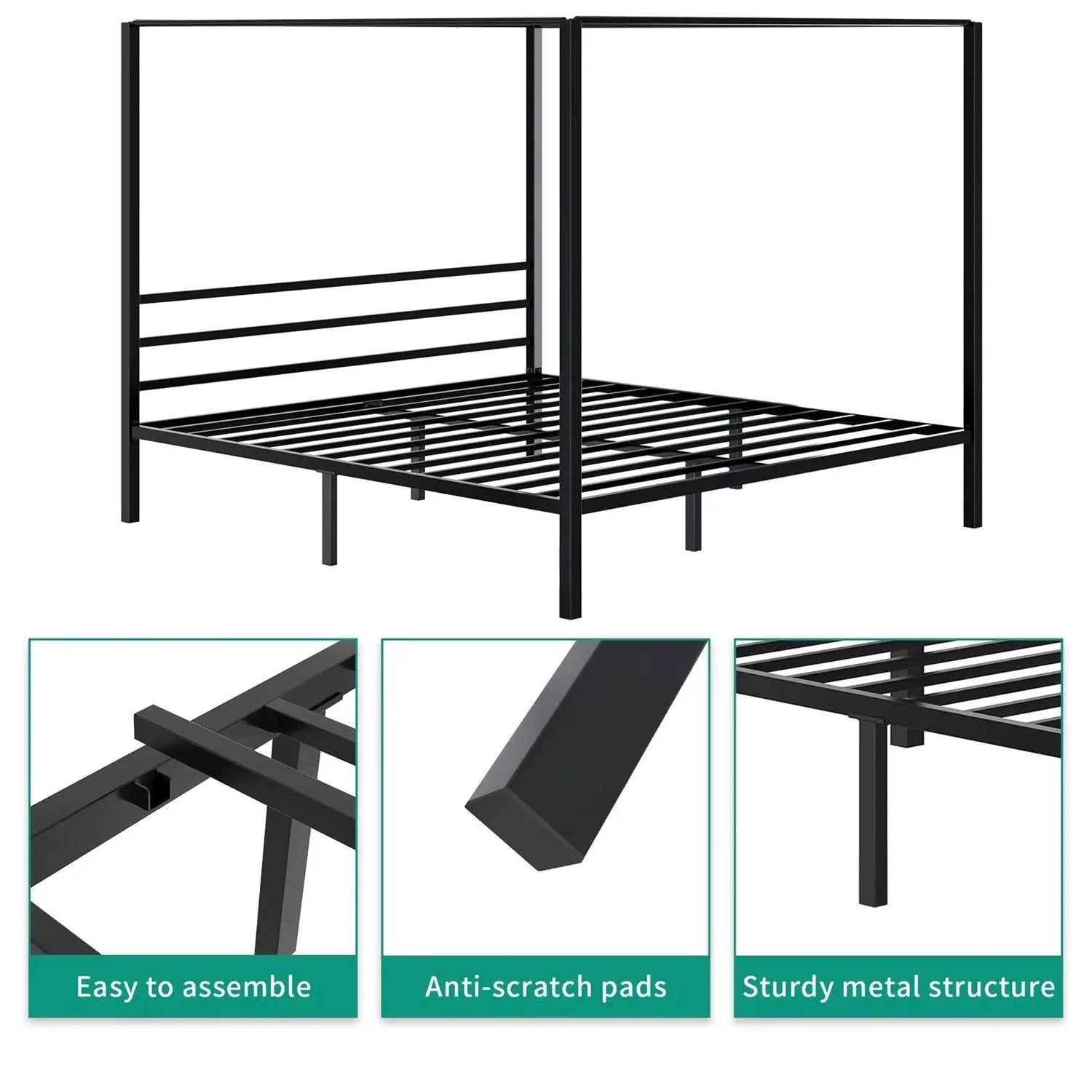 Queen size Modern Four Poster Metal Canopy Bed in Black Finish by HomePacific