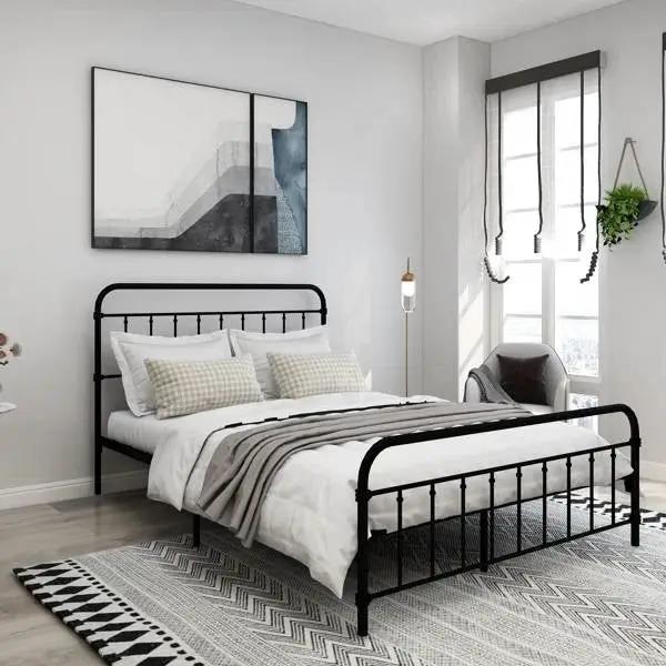 Queen Classic Farmhouse Black Metal Bed Frame with Rounded Headboard Footboard by HomePacific