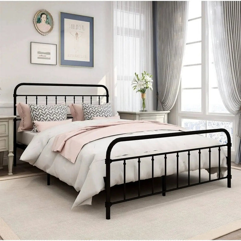 Queen Classic Farmhouse Black Metal Bed Frame with Rounded Headboard Footboard by HomePacific