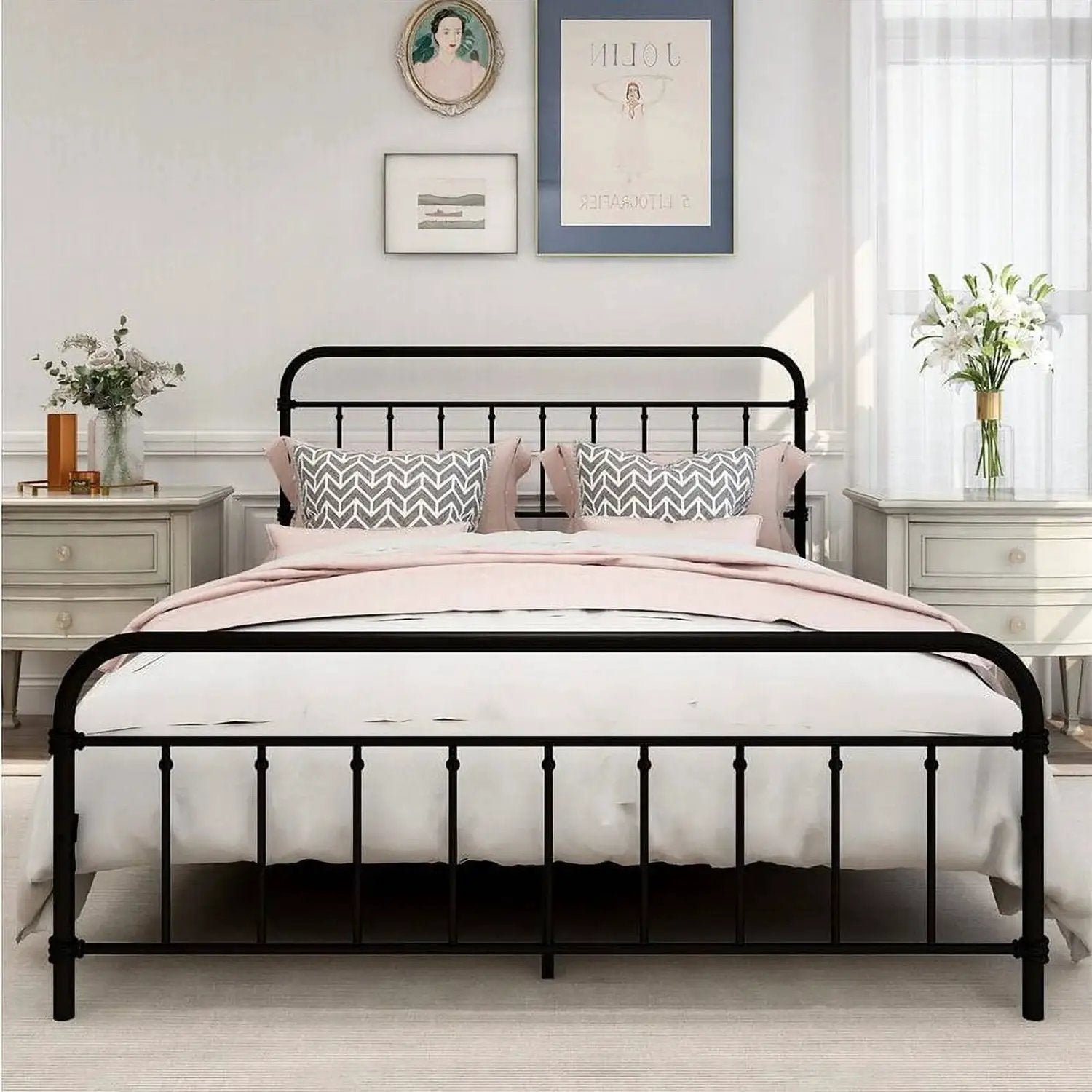 Queen Classic Farmhouse Black Metal Bed Frame with Rounded Headboard Footboard by HomePacific