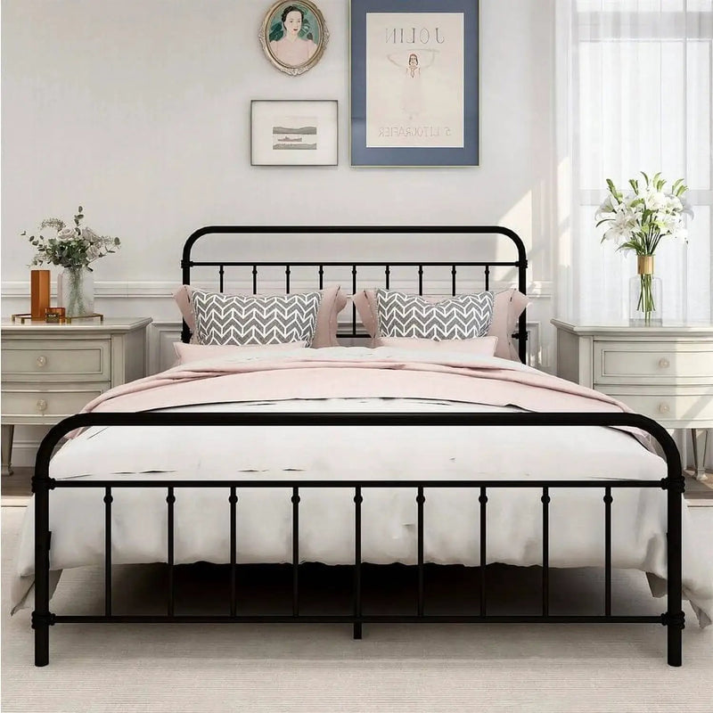 Queen Classic Farmhouse Black Metal Bed Frame with Rounded Headboard Footboard by HomePacific