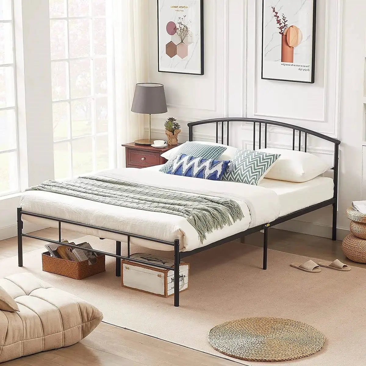 Queen size Black Metal Platform Bed Frame with Arched Headboard by HomePacific