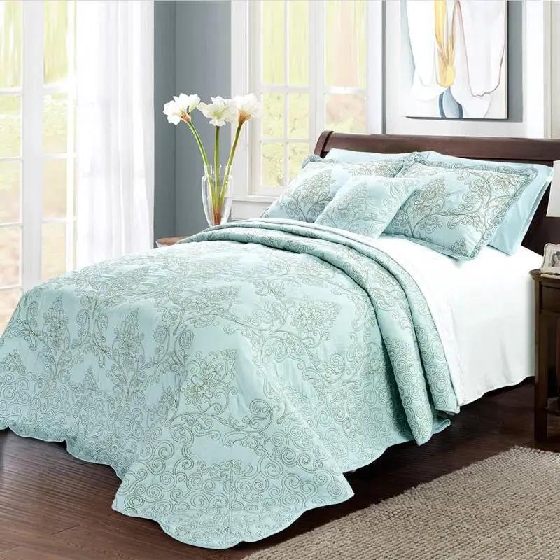 Queen size Light Blue Damask Embroidered 4 Piece Oversized Bedspread Set by HomePacific