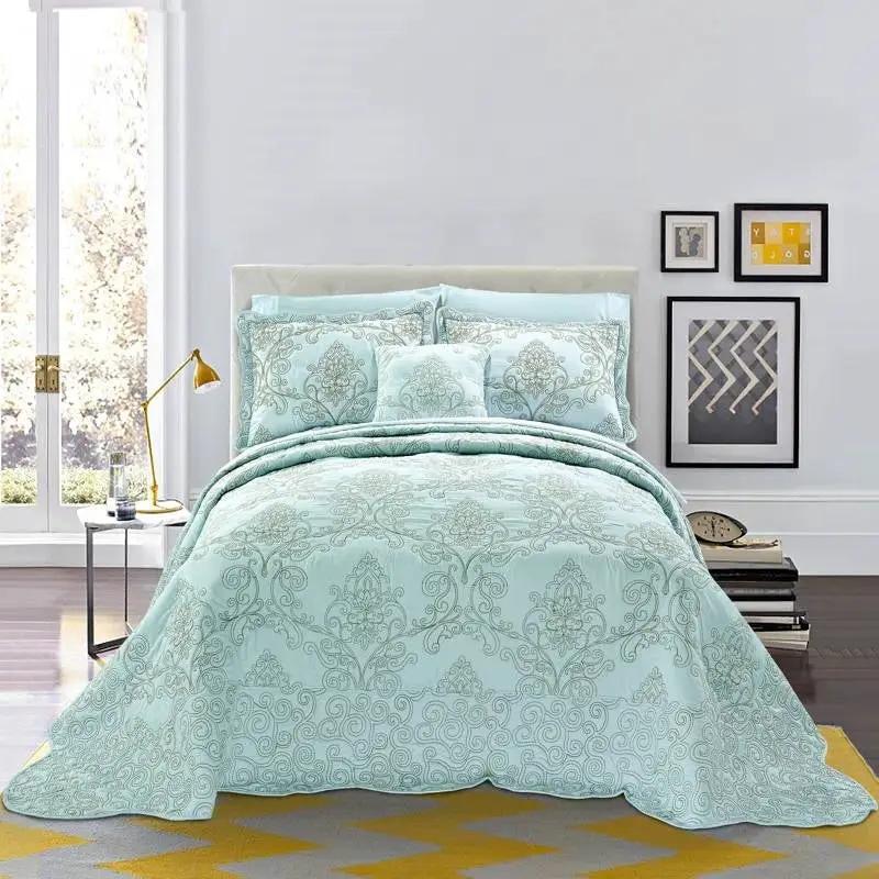 Queen size Light Blue Damask Embroidered 4 Piece Oversized Bedspread Set by HomePacific