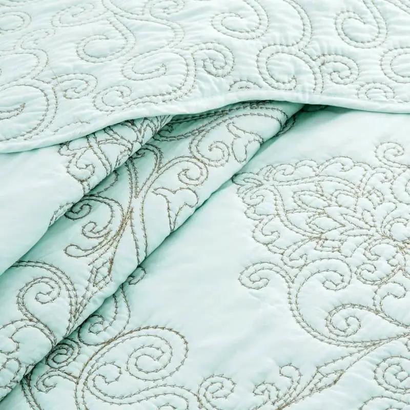 Queen size Light Blue Damask Embroidered 4 Piece Oversized Bedspread Set by HomePacific
