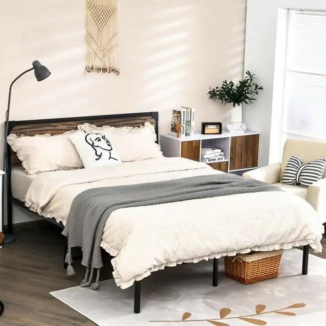Rustic FarmHome Metal Wood Platform Bed Frame in Queen Size by HomePacific