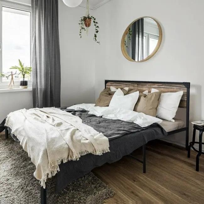 Rustic FarmHome Metal Wood Platform Bed Frame in Queen Size by HomePacific