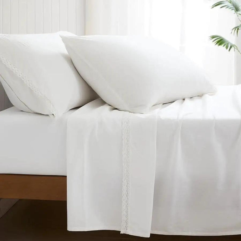 Queen Size 4 Piece 100-Percent Cotton Sheet Set in White with Lace Trim by HomePacific