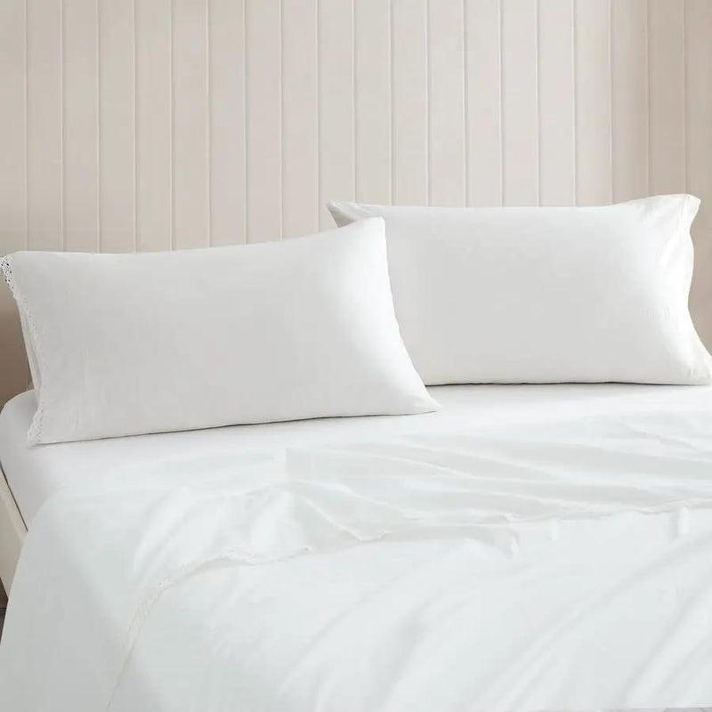Queen Size 4 Piece 100-Percent Cotton Sheet Set in White with Lace Trim by HomePacific