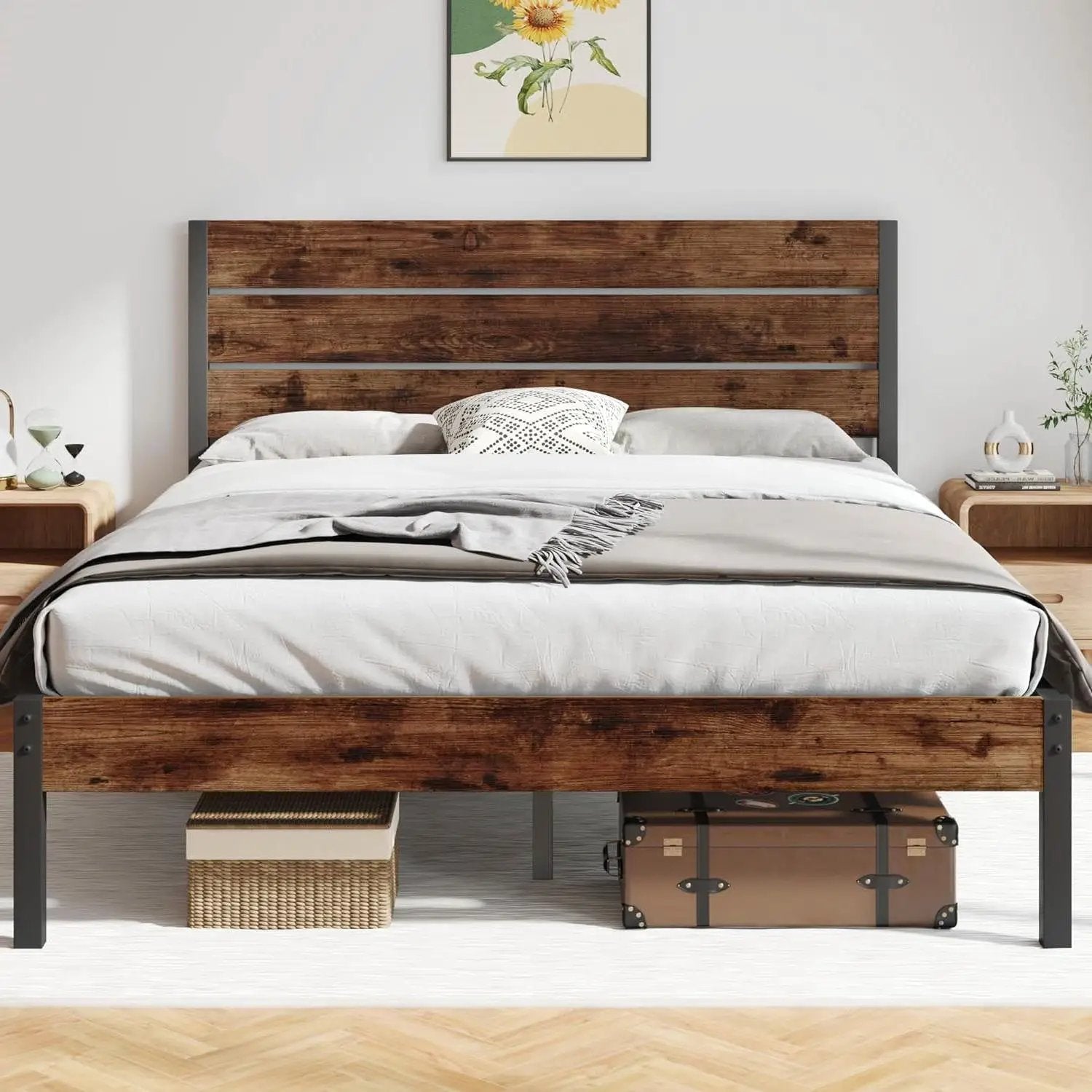 Queen size Modern Farmhouse Metal Platform Bed Frame with Brown Wood Headboard by HomePacific