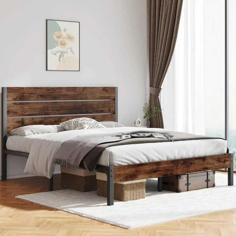 Queen size Modern Farmhouse Metal Platform Bed Frame with Brown Wood Headboard by HomePacific