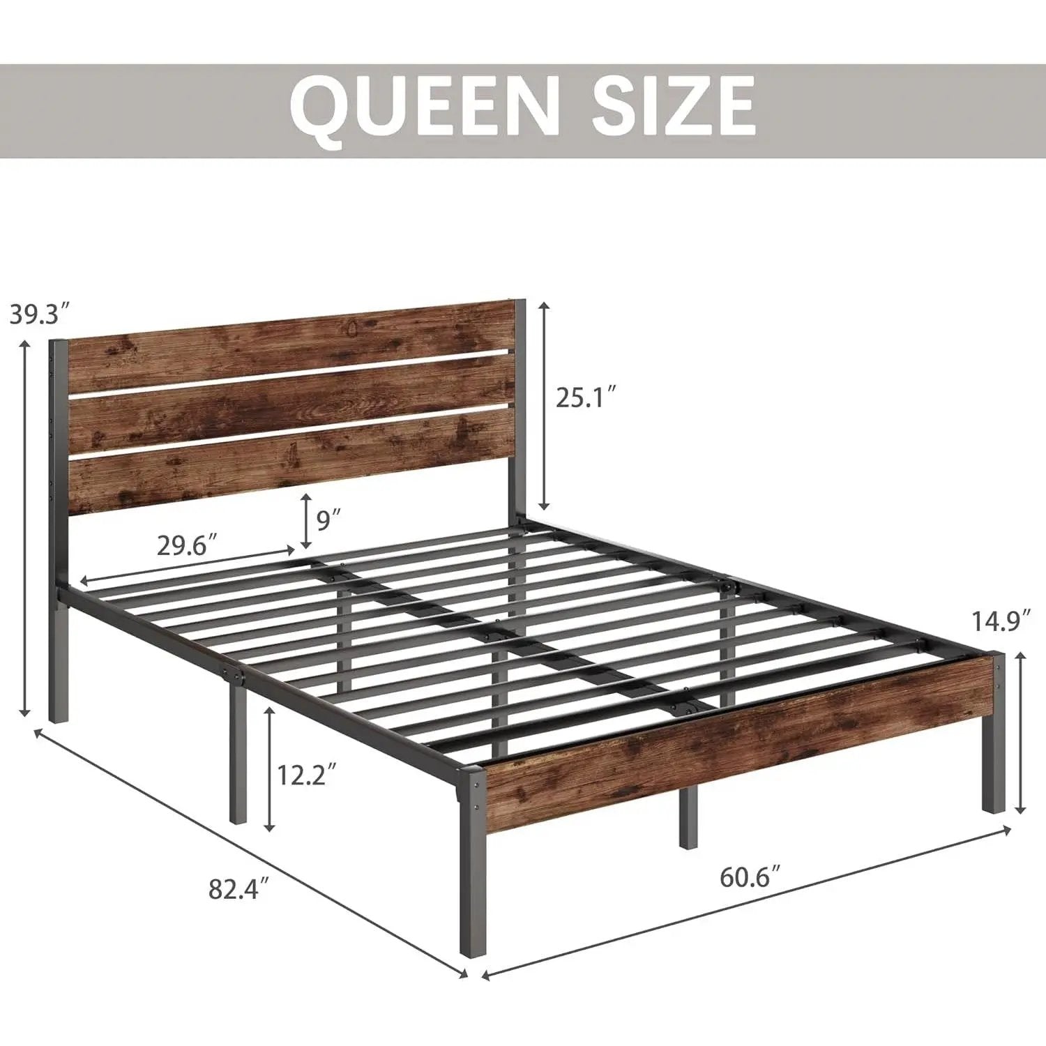 Queen size Modern Farmhouse Metal Platform Bed Frame with Brown Wood Headboard by HomePacific
