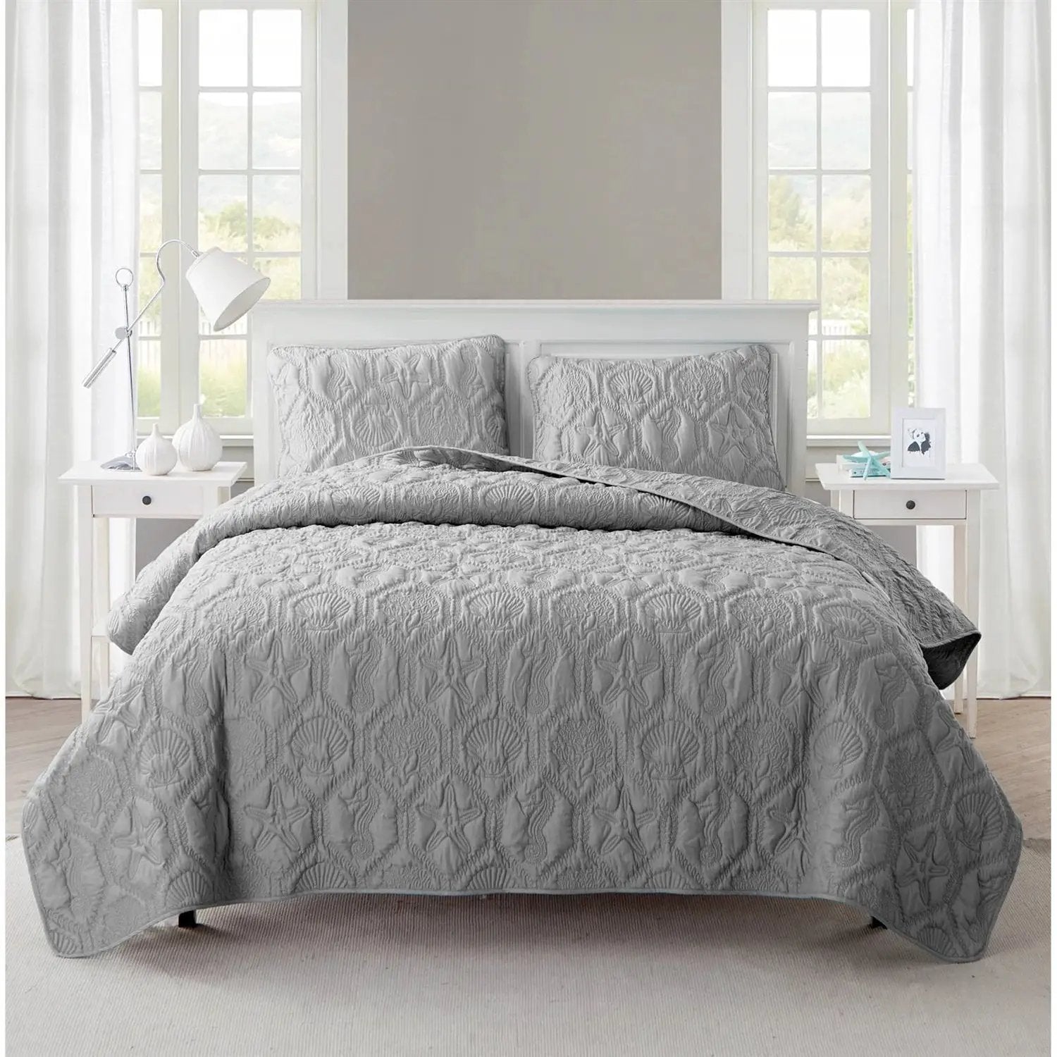 Queen Coastal Beach Embossed Starfish Seashell Seahorse Grey 3-Piece Quilt Set by HomePacific