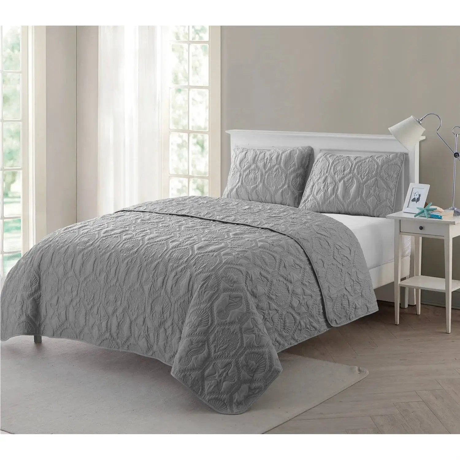 Queen Coastal Beach Embossed Starfish Seashell Seahorse Grey 3-Piece Quilt Set by HomePacific