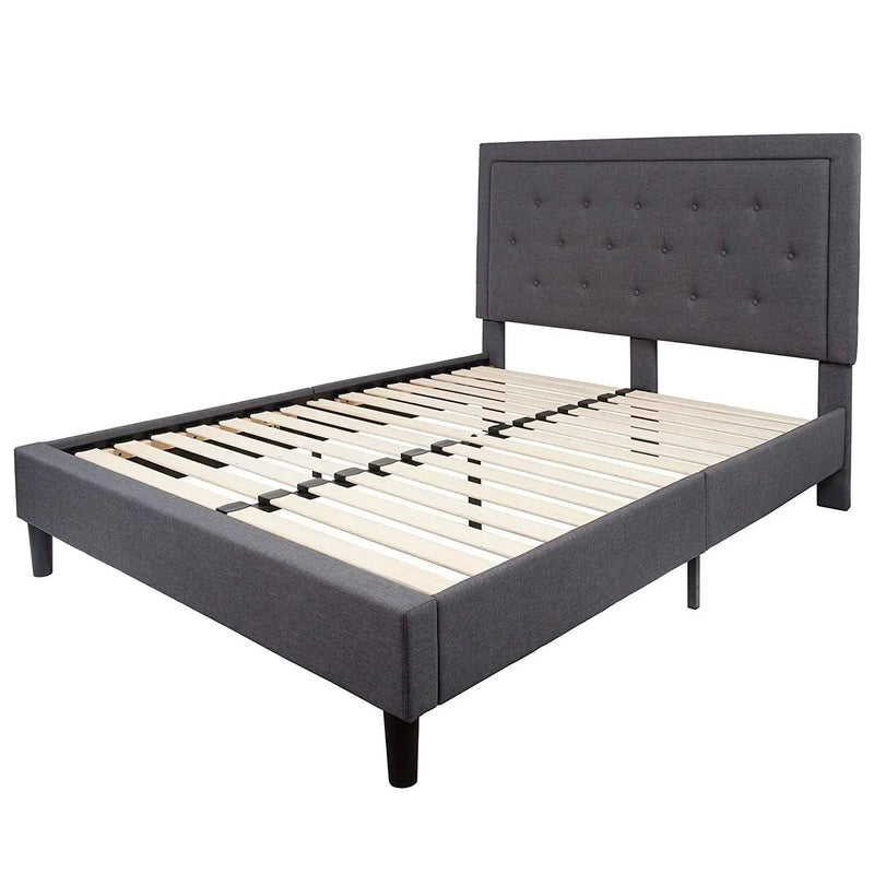 Queen size Dark Gray Fabric Upholstered Platform Bed Frame with Headboard by HomePacific