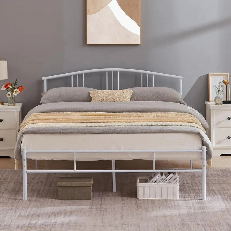 Queen size White Metal Platform Bed Frame with Arched Headboard by HomePacific
