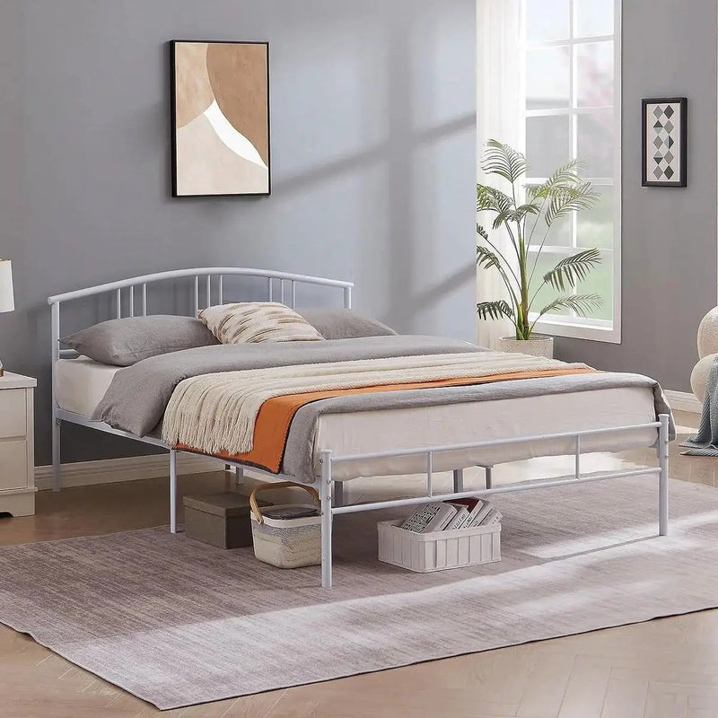 Queen size White Metal Platform Bed Frame with Arched Headboard by HomePacific