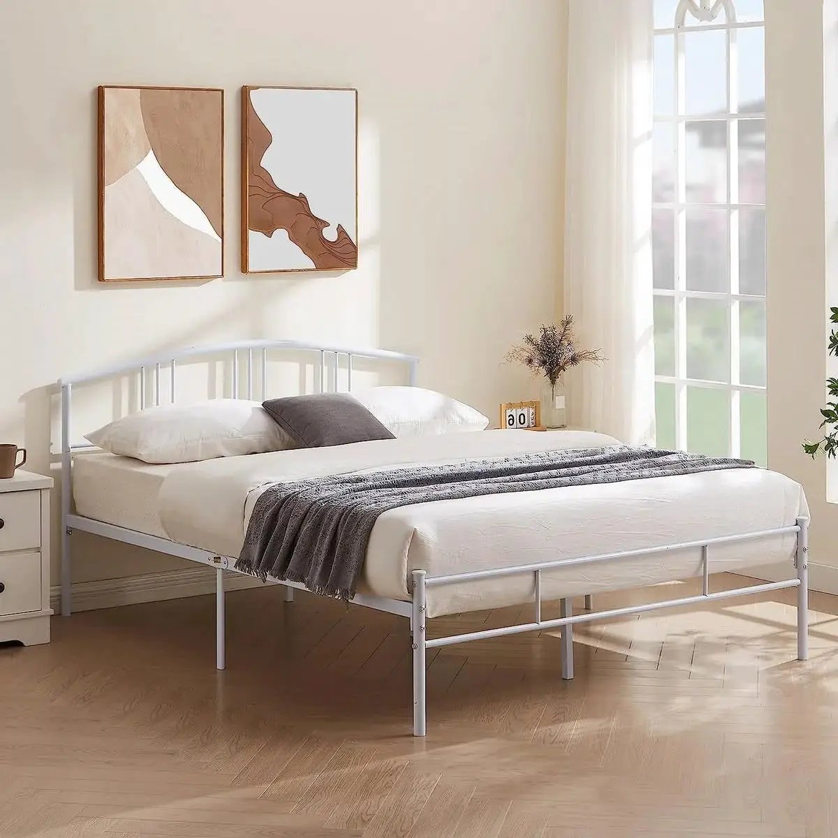 Queen size White Metal Platform Bed Frame with Arched Headboard by HomePacific