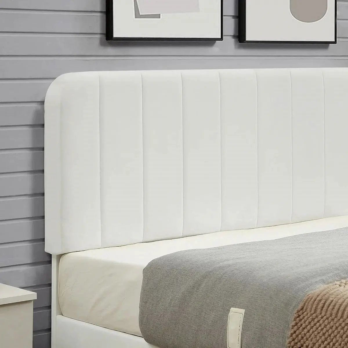 Queen size White Upholstered Platform Bed Frame with Headboard by HomePacific