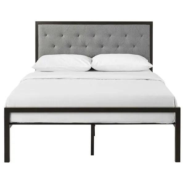 Queen size Contemporary Metal Platform Bed with Grey Upholstered Headboard by HomePacific