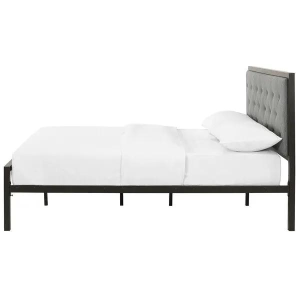 Queen size Contemporary Metal Platform Bed with Grey Upholstered Headboard by HomePacific