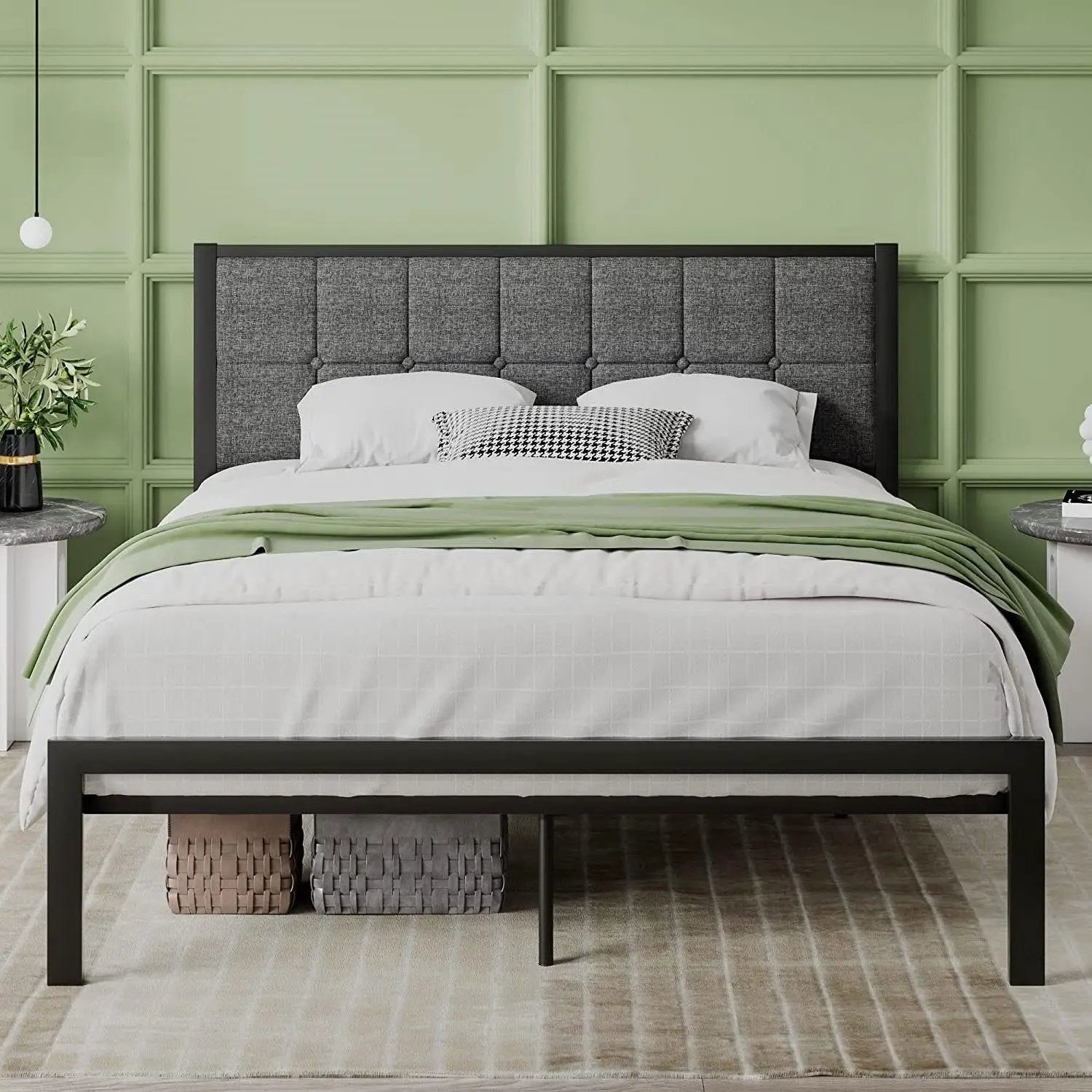 Queen Metal Platform Bed Frame with Gray Button Tufted Upholstered Headboard by HomePacific