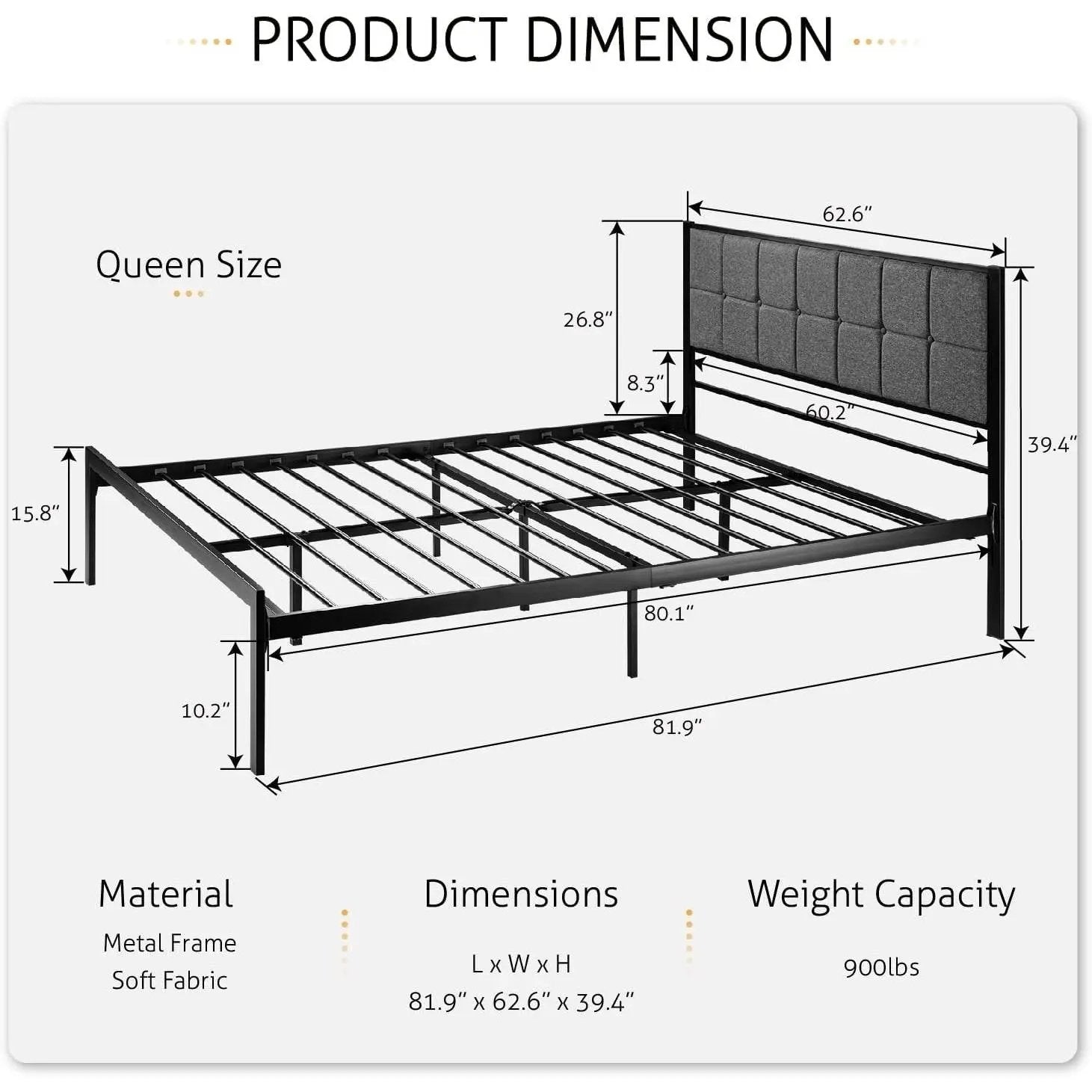 Queen Metal Platform Bed Frame with Gray Button Tufted Upholstered Headboard by HomePacific