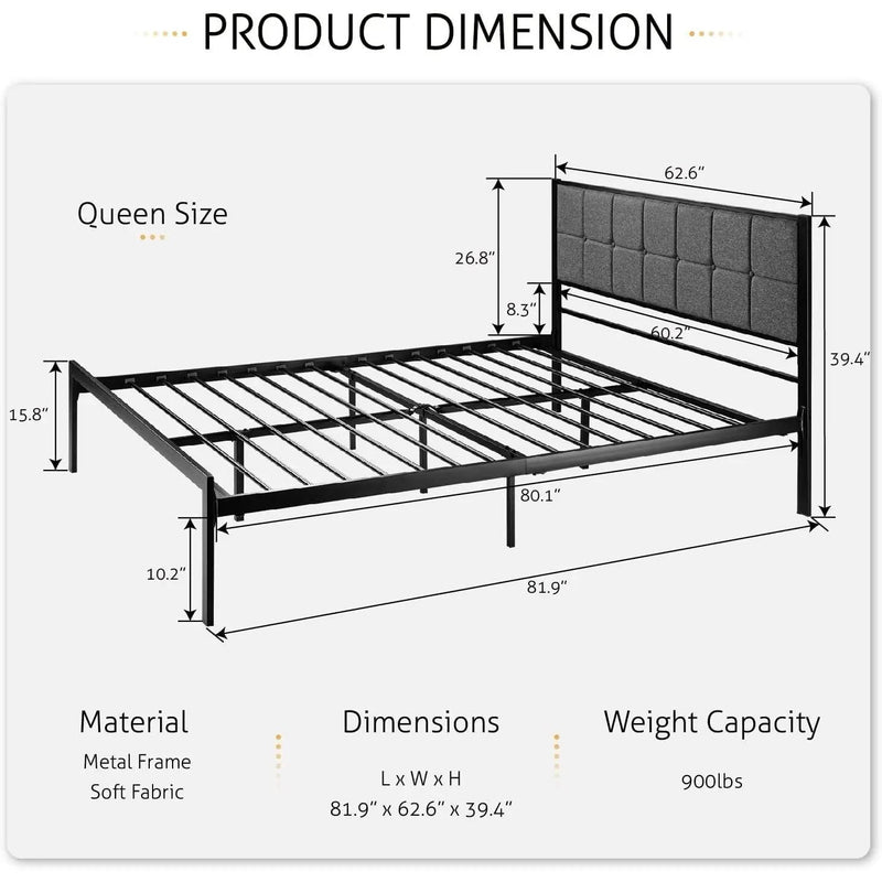 Queen Metal Platform Bed Frame with Gray Button Tufted Upholstered Headboard by HomePacific